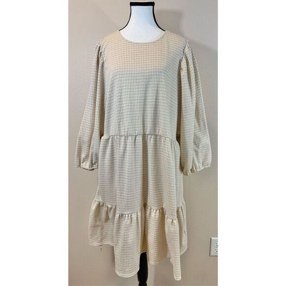 Draper James RSVP Tiered Tan Houndstooth 3/4 Puff Sleeve Mini Dress Women's XL - Picture 3 of 13